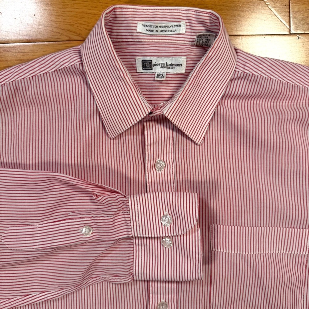 Vintage Pierre Balmain Monsieur Mens Red White Pinstripe Dress Shirt‎ 15.5 34-35